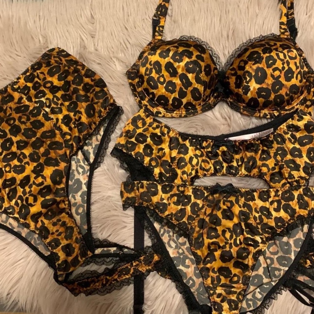 Agent Provocateur Leopard Print Satin Bra & Panty Set in Yellow and Black